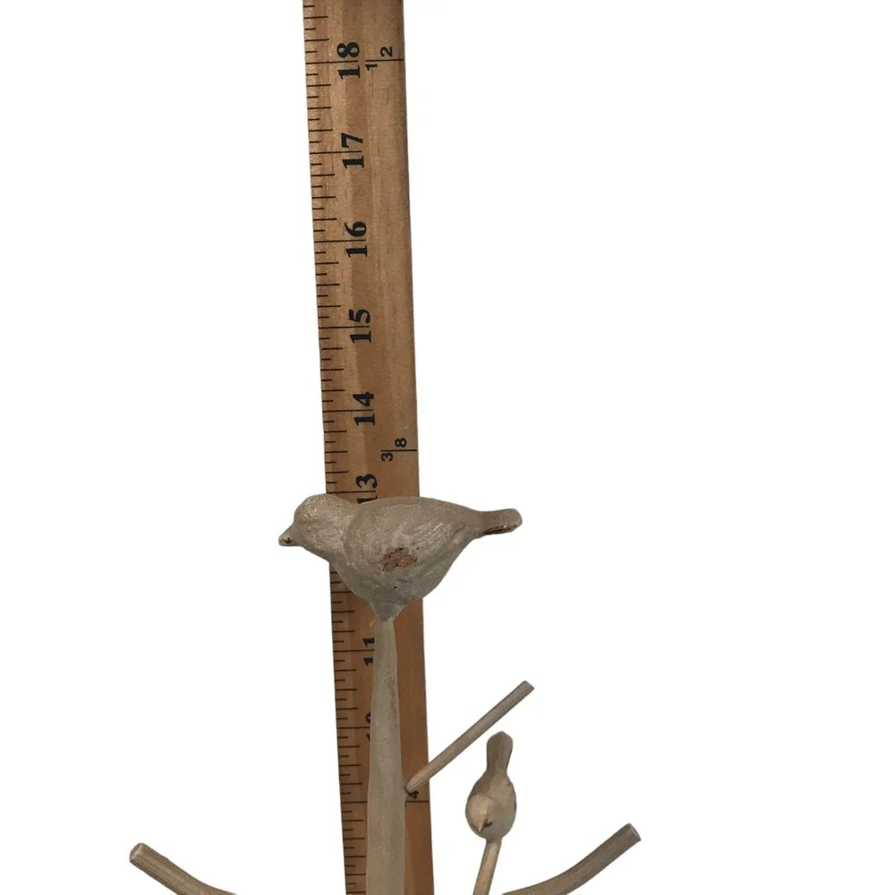 Vintage Metal Bird Jewelry Tree Stand Distressed Cream Farmhouse Decor 12.5in